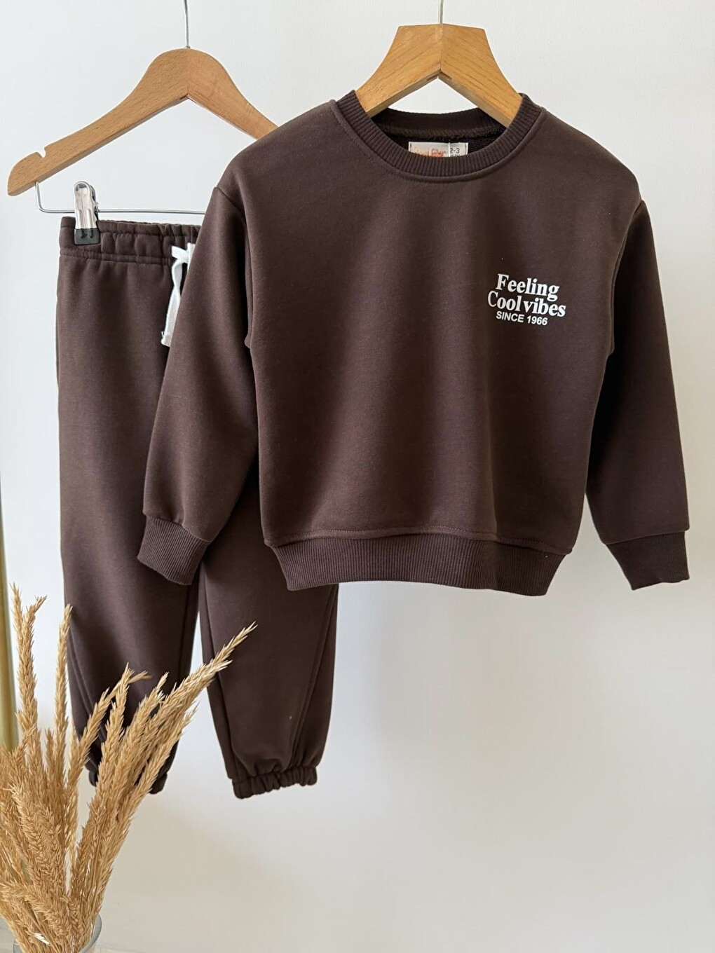 Çocuk Cool Vibes Baskılı Kahverengi Sweatshirt Ve Eşofman Altı Takımı-1