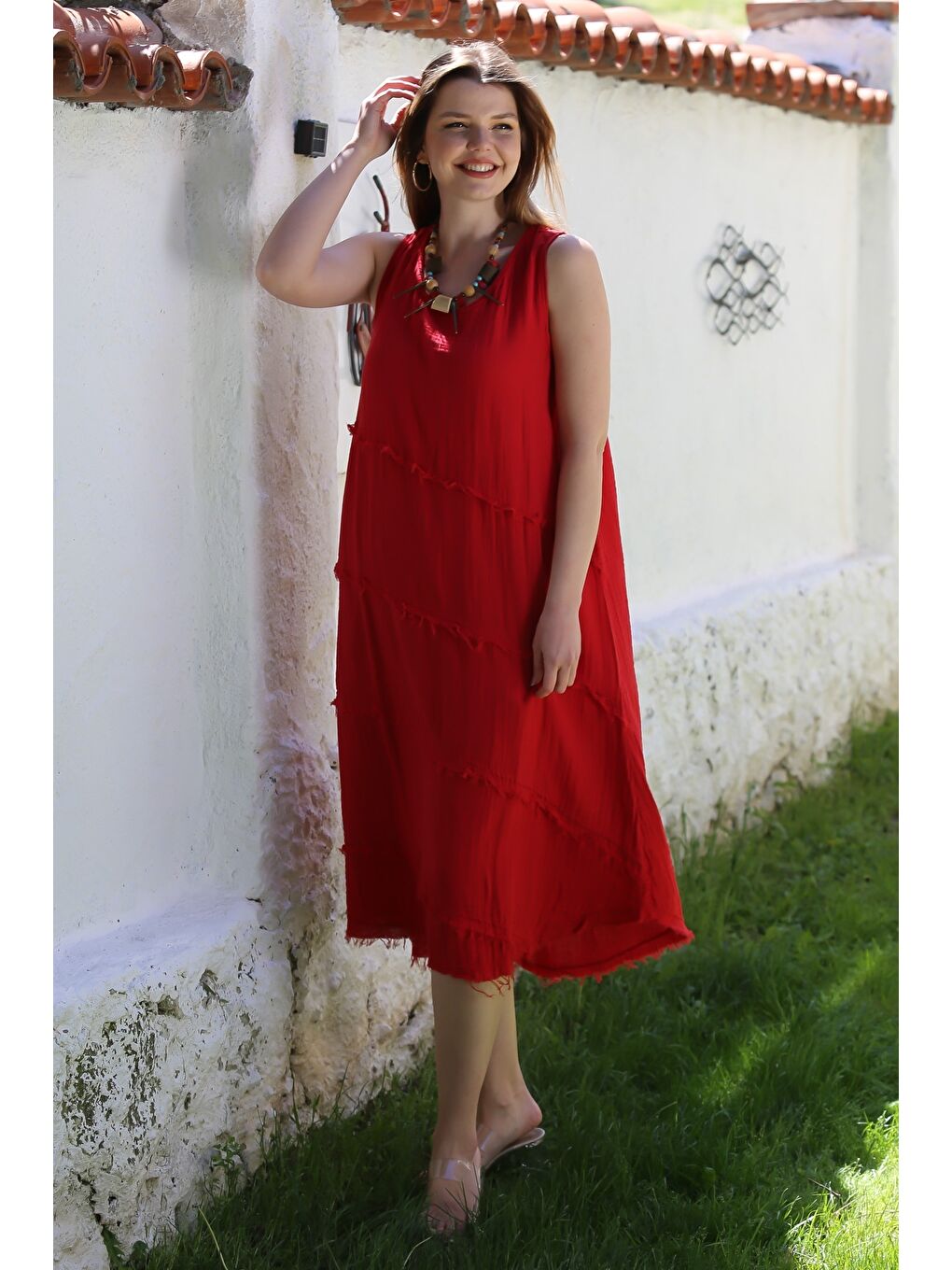 Kırmızı Havuz Yaka Kolsuz Pis Dikişli Casual Müslin Dokuma Elbise 120 63-2