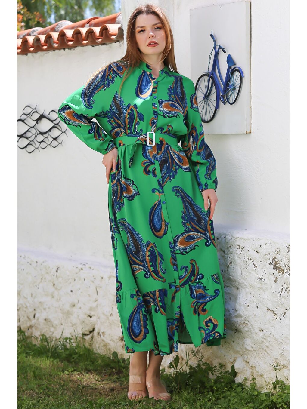 Yeşil Hakim Yaka Balon Kol Şal Desenli Düğmeli Eteği Fırfırlı Kemerli Casual Dokuma Elbise 145 65-3