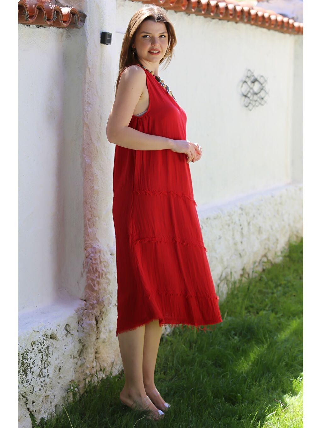 Kırmızı Havuz Yaka Kolsuz Pis Dikişli Casual Müslin Dokuma Elbise 120 63-3