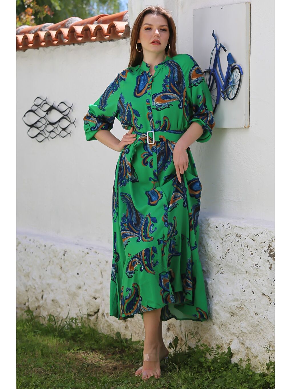 Yeşil Hakim Yaka Balon Kol Şal Desenli Düğmeli Eteği Fırfırlı Kemerli Casual Dokuma Elbise 145 65-4