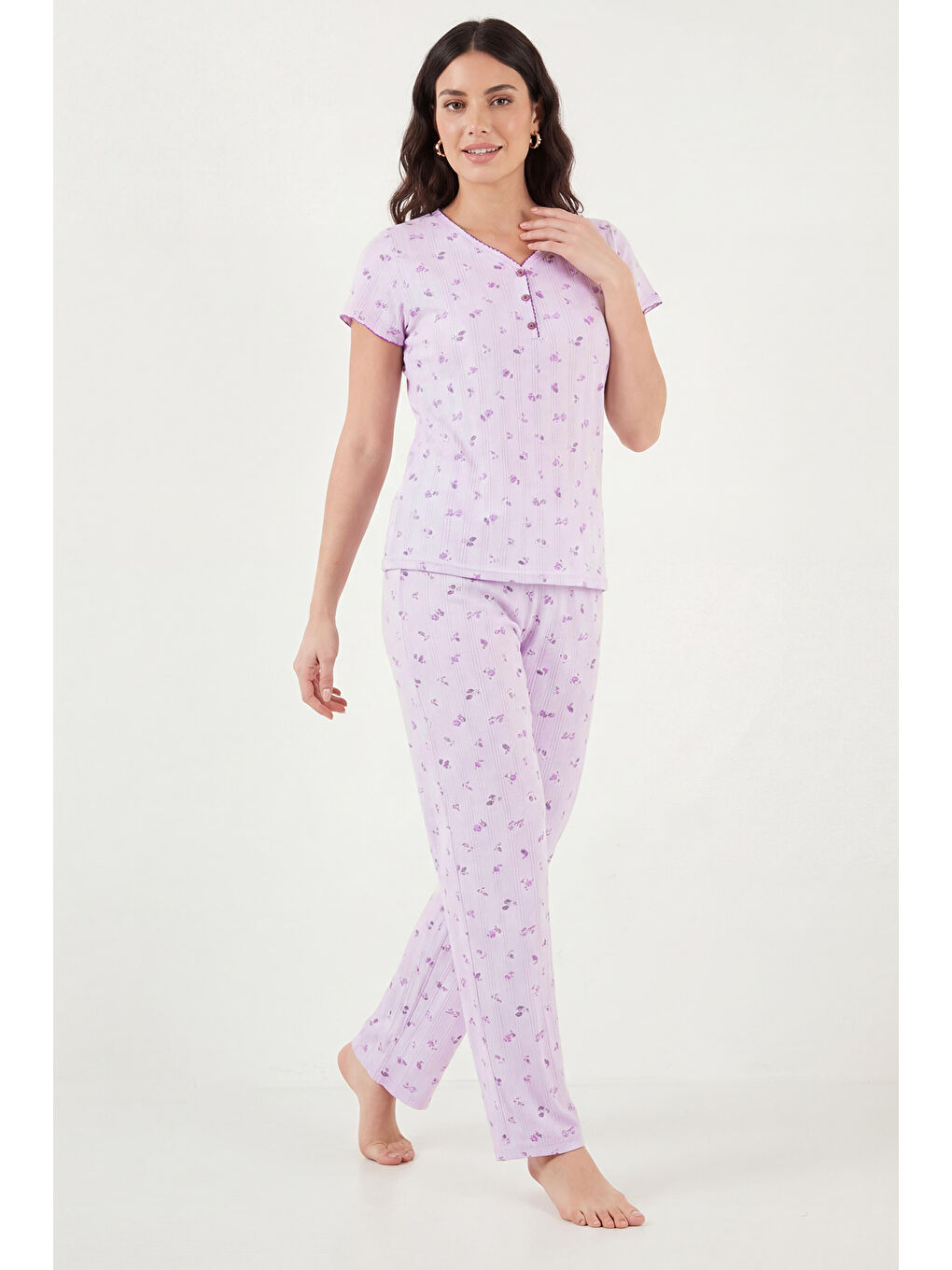 Lila % 100 Pamuk Regular Fit Yumuşak Dokulu Düğmeli V Yaka Pijama Takımı 65770755-3