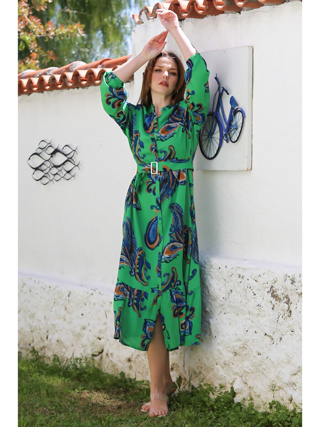 Yeşil Hakim Yaka Balon Kol Şal Desenli Düğmeli Eteği Fırfırlı Kemerli Casual Dokuma Elbise 145 65-5