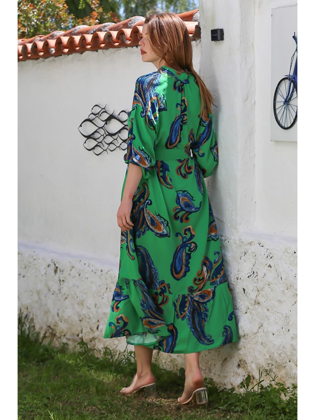 Yeşil Hakim Yaka Balon Kol Şal Desenli Düğmeli Eteği Fırfırlı Kemerli Casual Dokuma Elbise 145 65-7
