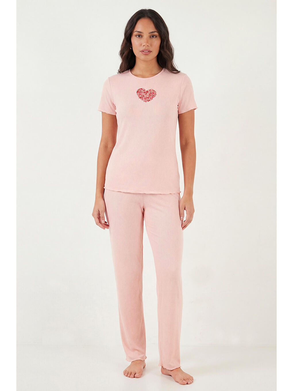 Pembe Regular Fit Desenli Bisiklet Yaka Kısa Kollu Kadın Pijama Takımı 65770823-2
