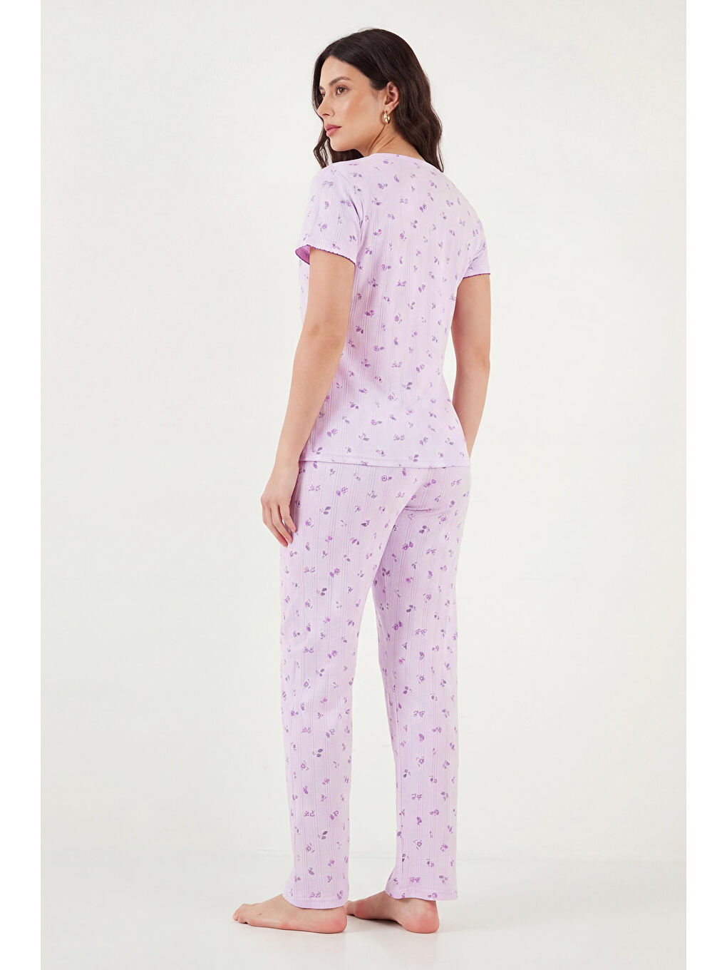 Lila % 100 Pamuk Regular Fit Yumuşak Dokulu Düğmeli V Yaka Pijama Takımı 65770755-6