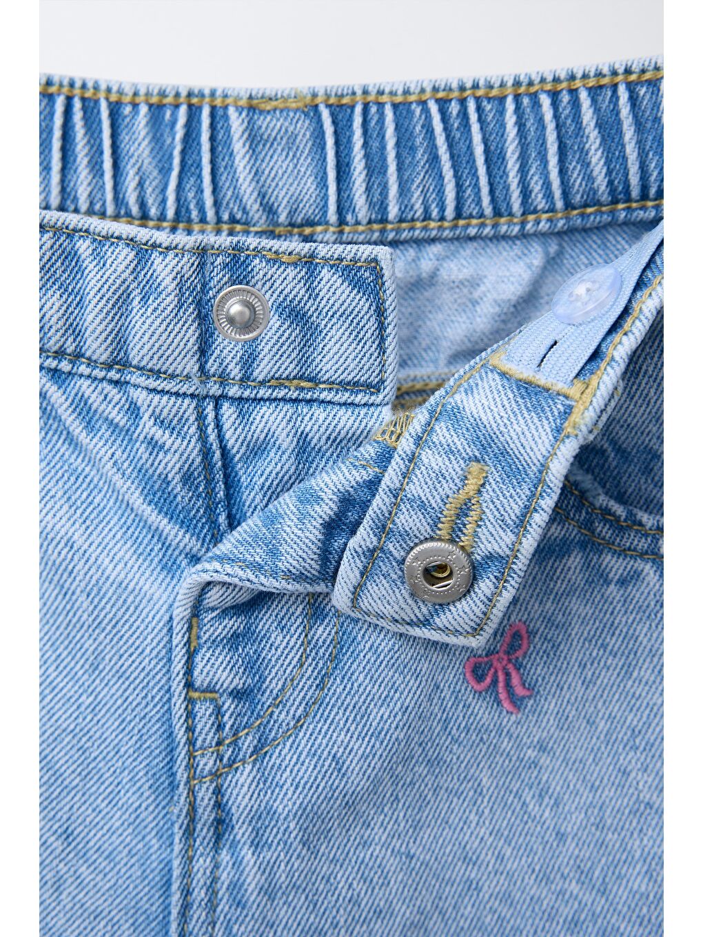 Kız Çocuk Pamuklu Açık Mavi Pembe Fiyonk Nakışlı Jean Pantolon-1