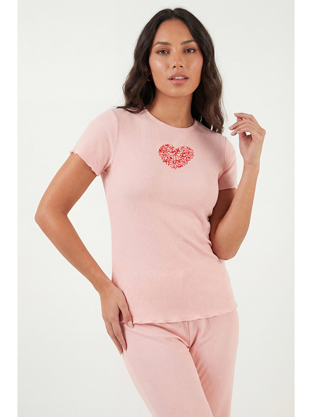 Pembe Regular Fit Desenli Bisiklet Yaka Kısa Kollu Kadın Pijama Takımı 65770823-3