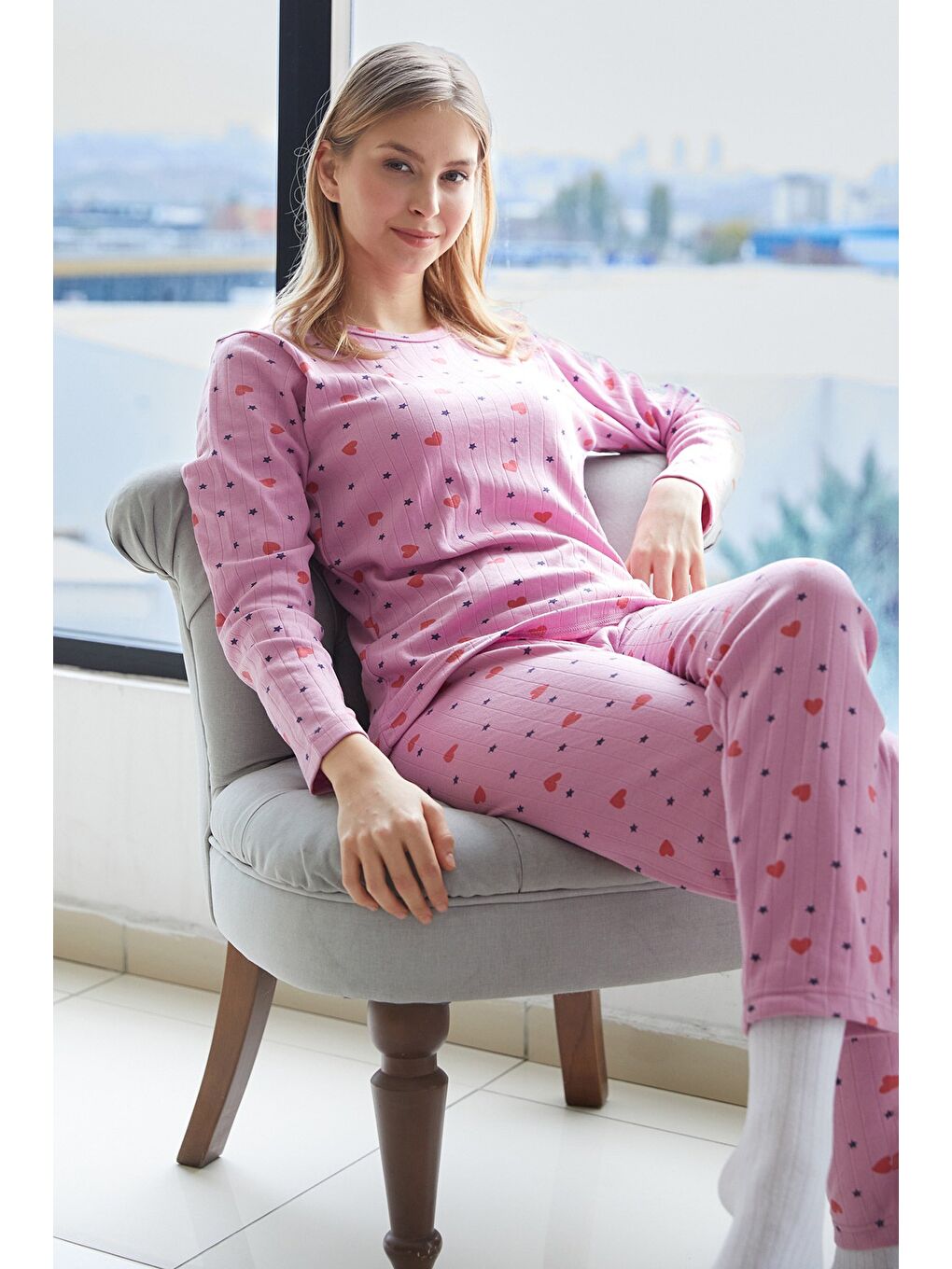 Pembe Büyük Beden Kalp Ve Yıldız Desenli Pijama Takımı