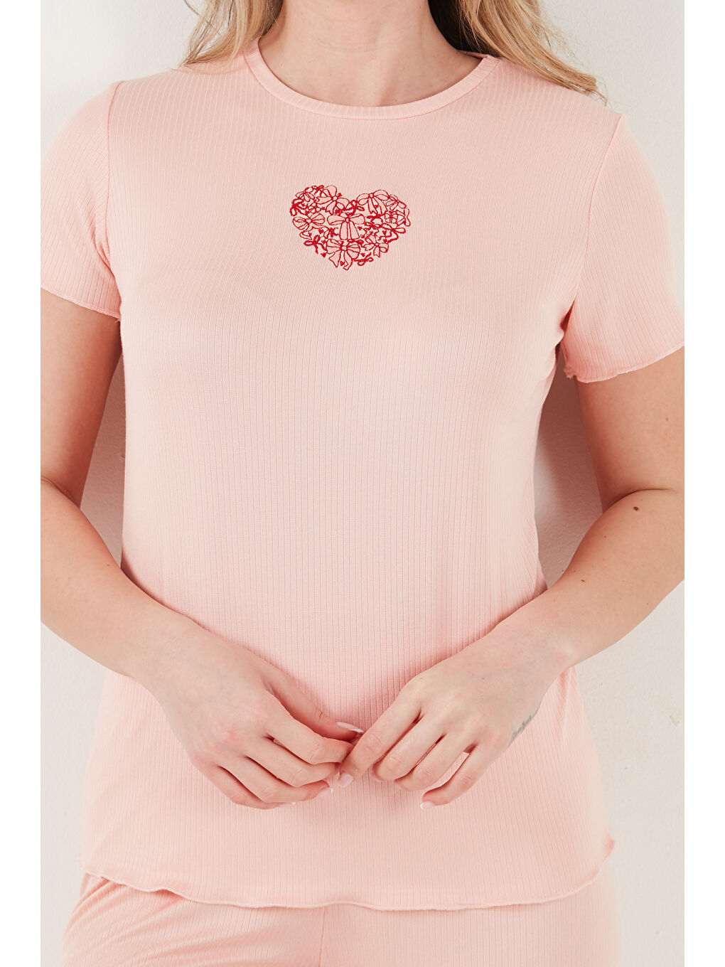 Pembe Regular Fit Desenli Bisiklet Yaka Kısa Kollu Kadın Pijama Takımı 65770823-5