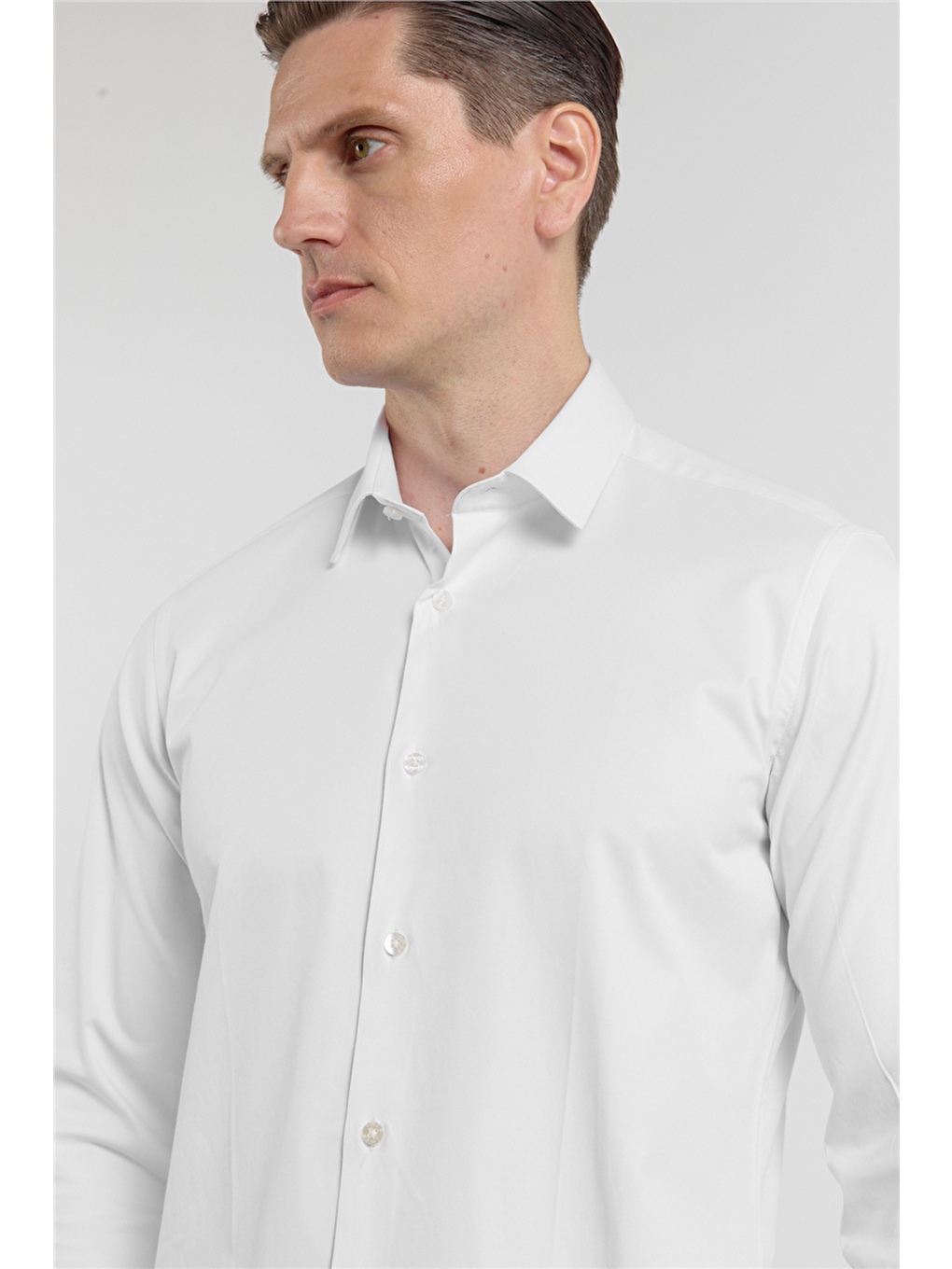 Beyaz Sert Yaka Uzun Kol Cepsiz Slim Fit Pamuklu Gömlek 1004255228-3