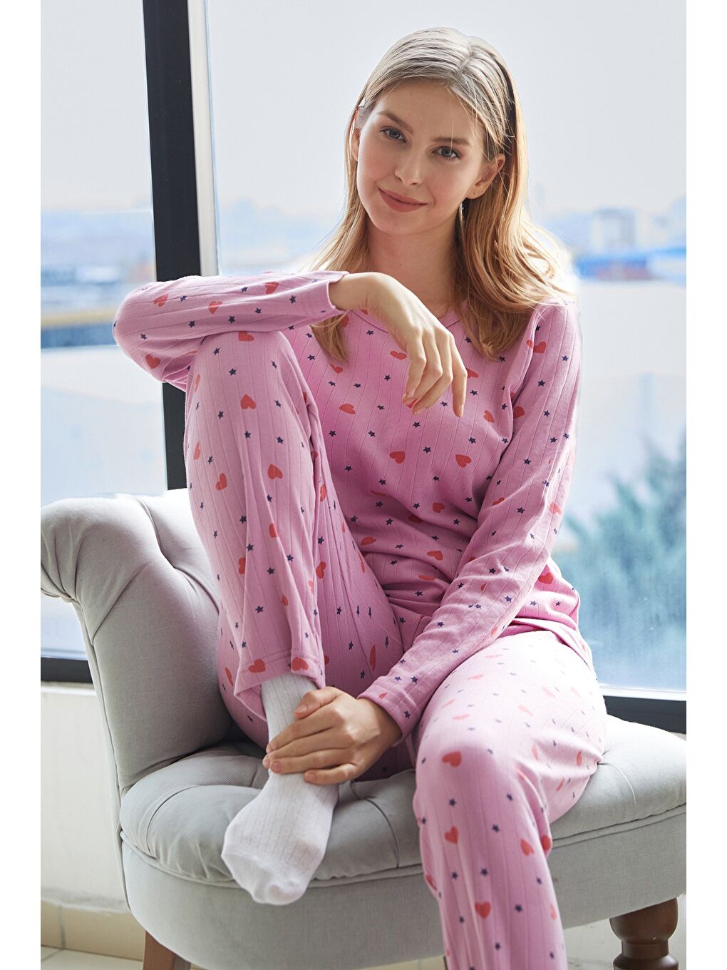 Pembe Büyük Beden Kalp Ve Yıldız Desenli Pijama Takımı-2