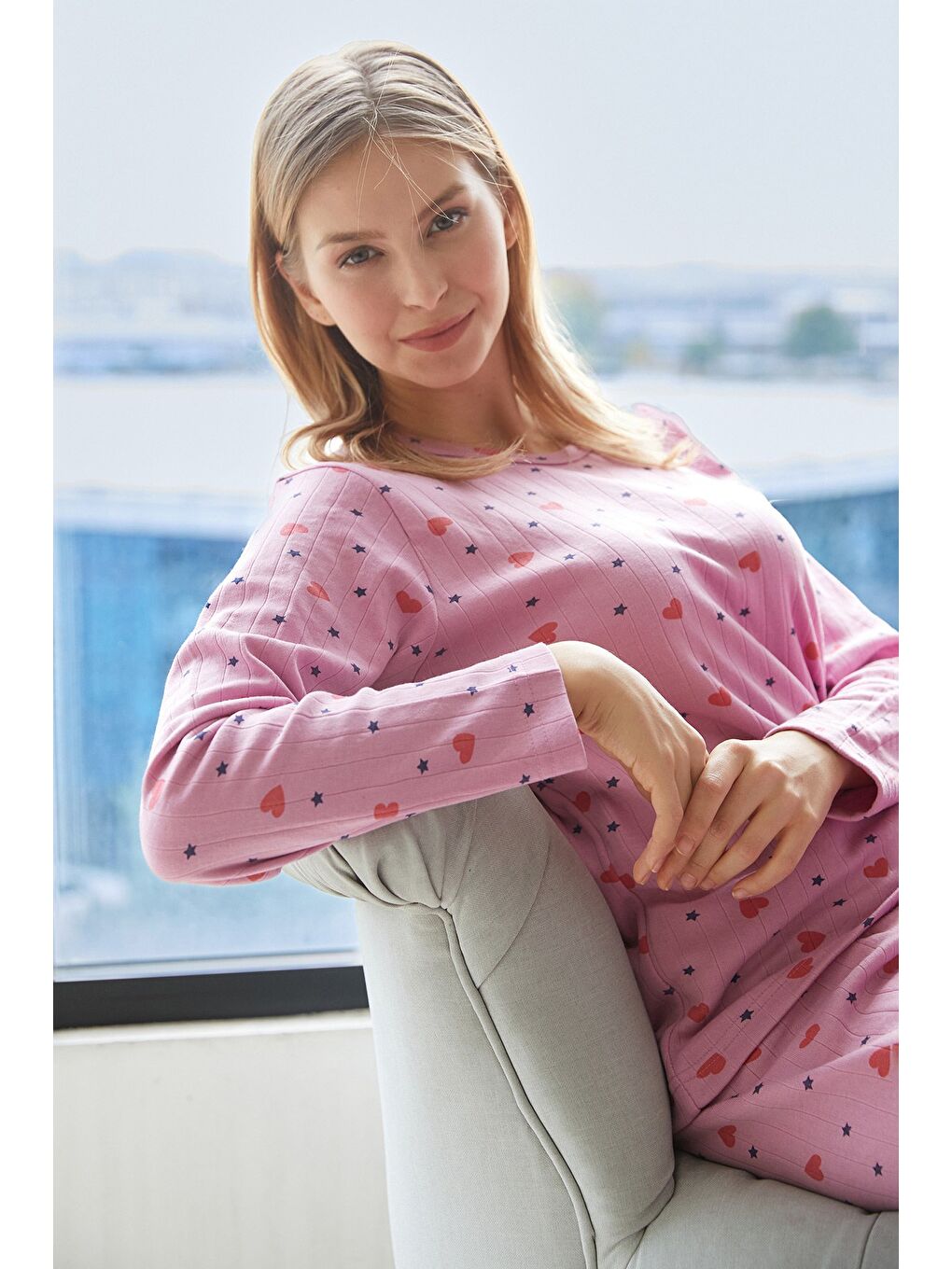 Pembe Büyük Beden Kalp Ve Yıldız Desenli Pijama Takımı-3
