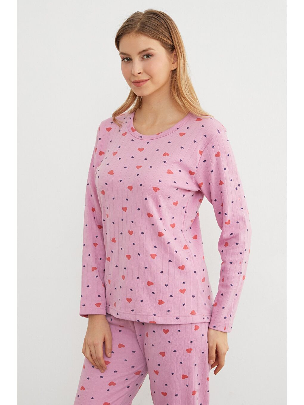 Pembe Büyük Beden Kalp Ve Yıldız Desenli Pijama Takımı-4