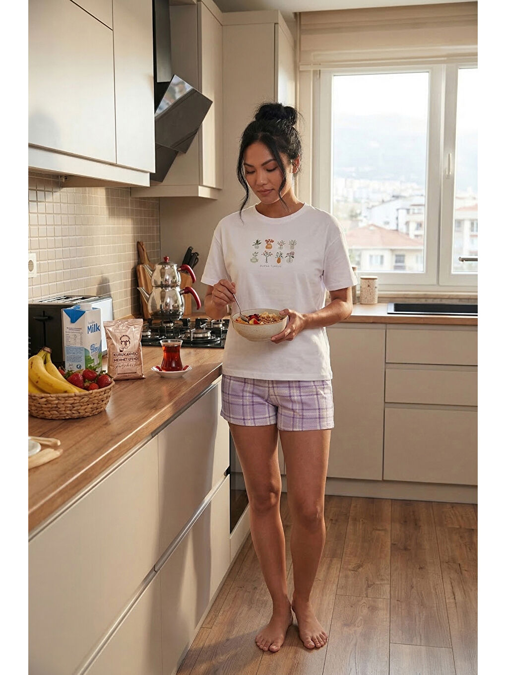 Beyaz % 100 Pamuk Regular Fit Desenli Şortlu Kadın Pijama Takımı 65790782