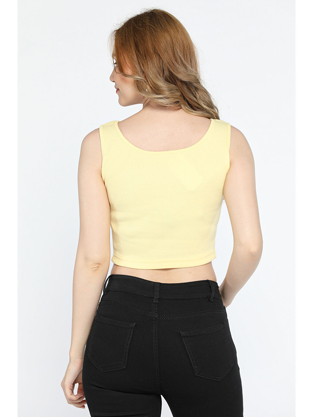 GÜLSELİ Sarı Kalın Askılı Elastanlı Kadın Kaşkorse Crop Tops Bluz - 2