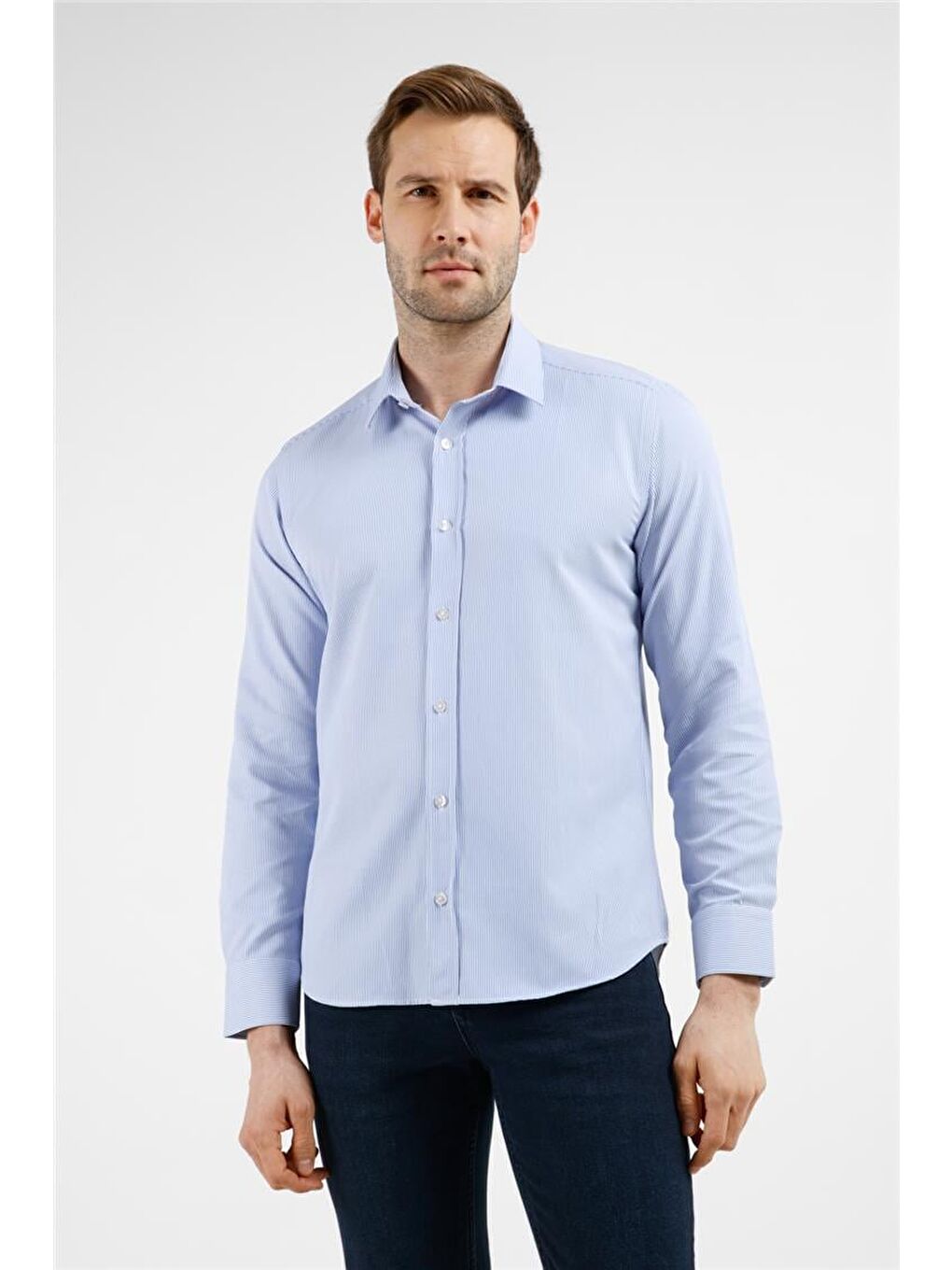 Beyaz - İndigo Mavi Çizgili Desen Sert Yaka Uzun Kol Cepsiz Slim Fit Pamuklu Gömlek 1004255282