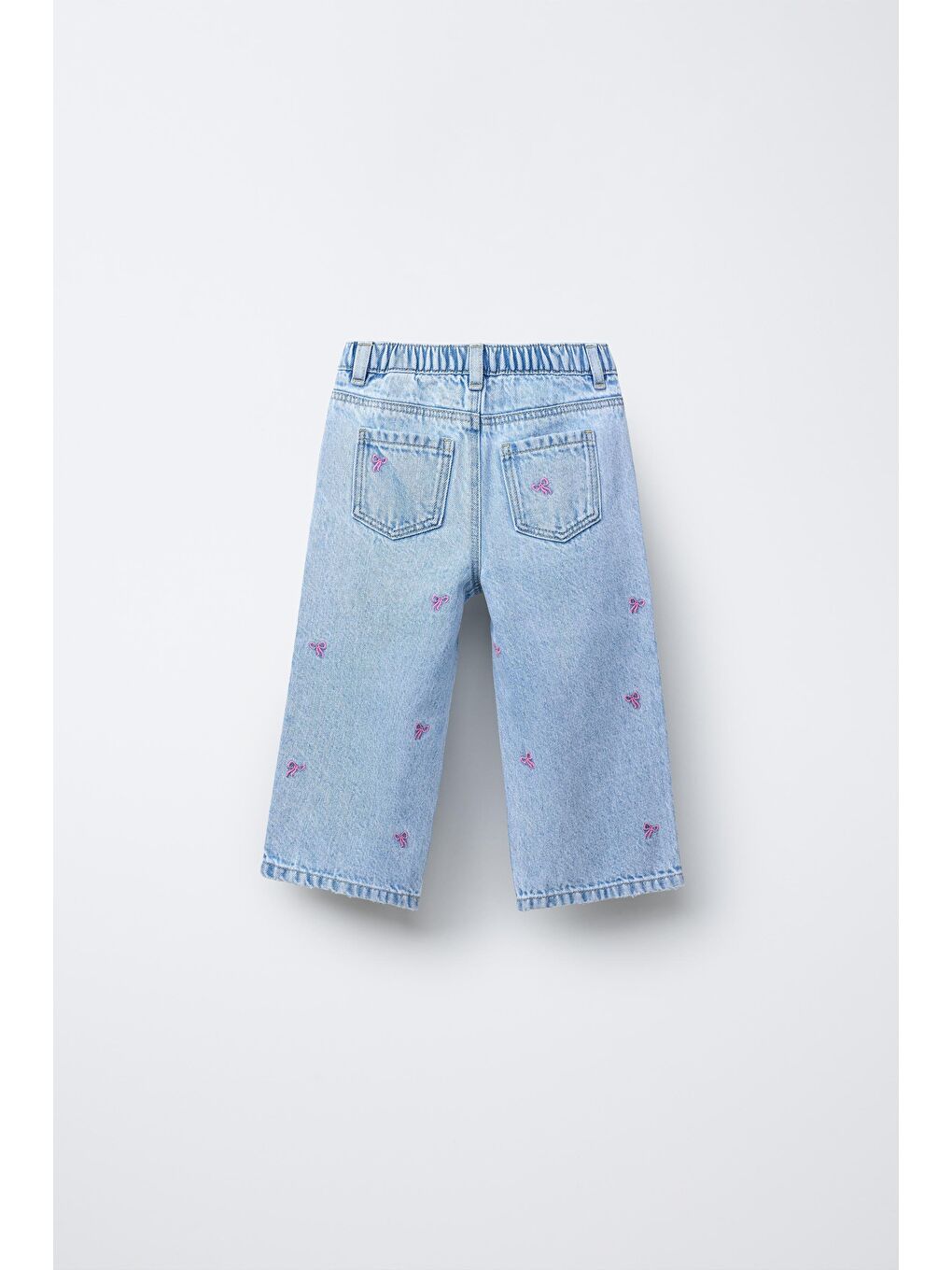 Kız Çocuk Pamuklu Açık Mavi Pembe Fiyonk Nakışlı Jean Pantolon-2