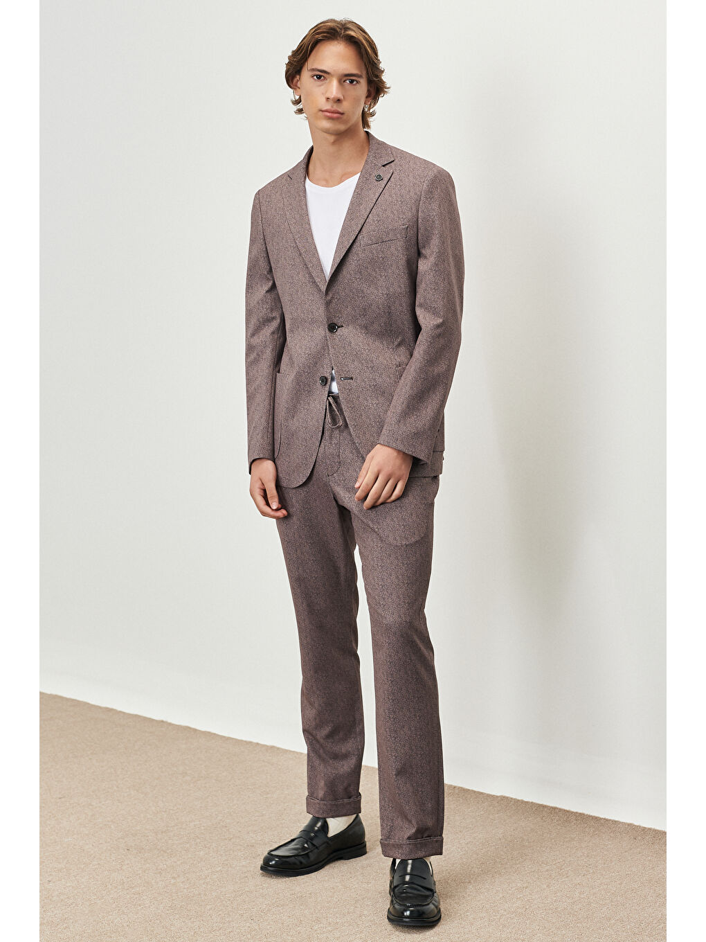 Kahverengi Erkek Kahve-Siyah Slim Fit Dar Kesim Mono Yaka Desenli Takım Elbise