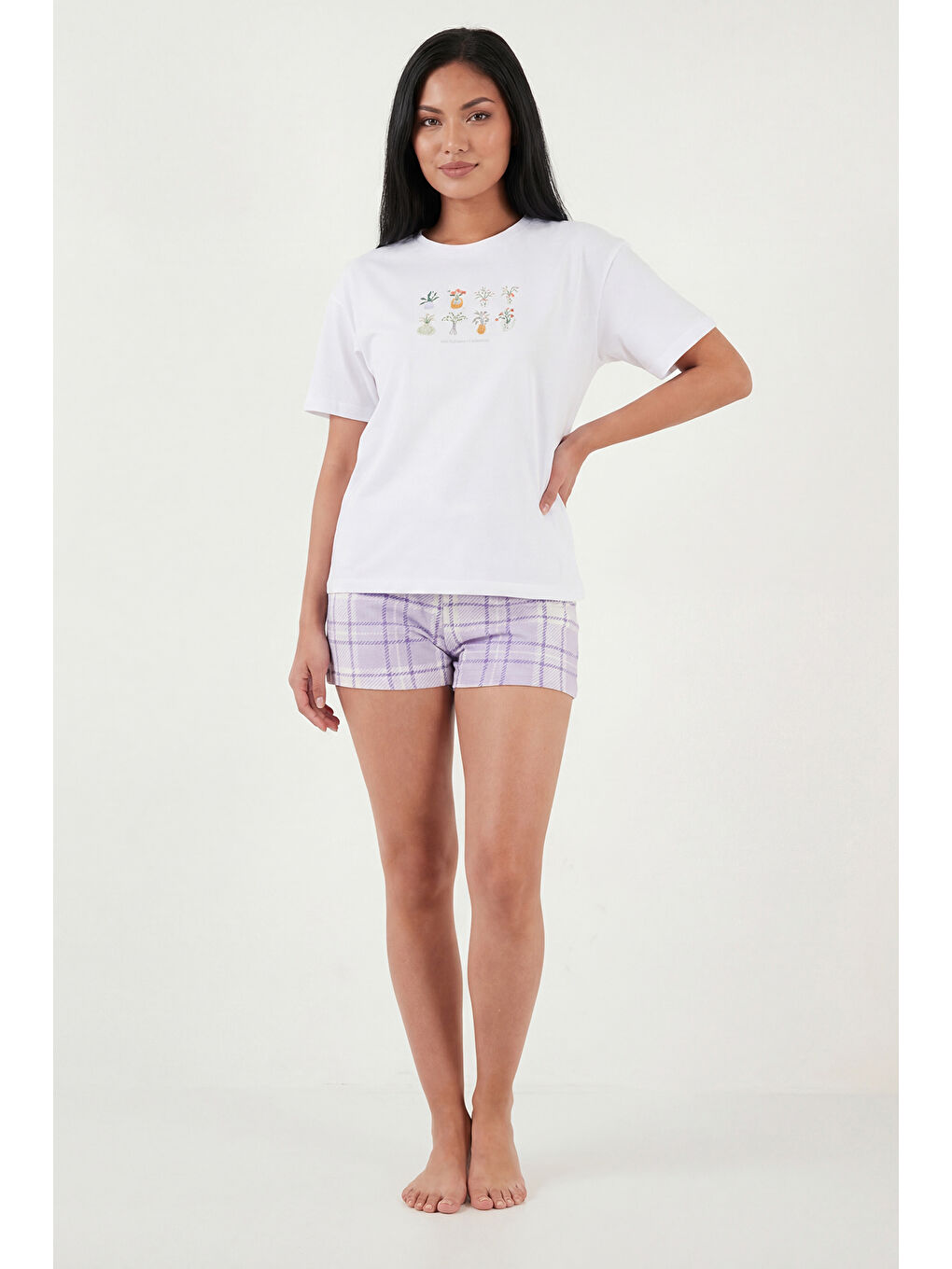 Beyaz % 100 Pamuk Regular Fit Desenli Şortlu Kadın Pijama Takımı 65790782-2