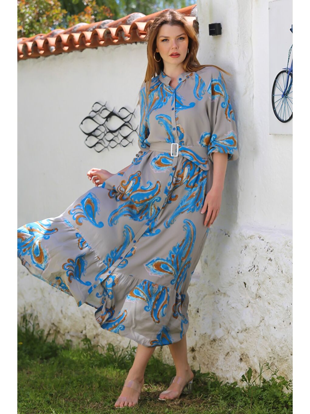 Bej-Mavi Hakim Yaka Balon Kol Şal Desenli Düğmeli Eteği Fırfırlı Kemerli Casual Dokuma Elbise 145 65-4