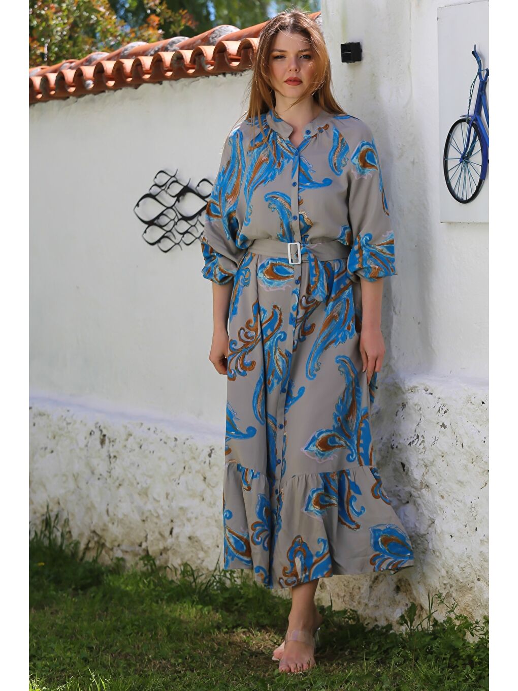 Bej-Mavi Hakim Yaka Balon Kol Şal Desenli Düğmeli Eteği Fırfırlı Kemerli Casual Dokuma Elbise 145 65-5