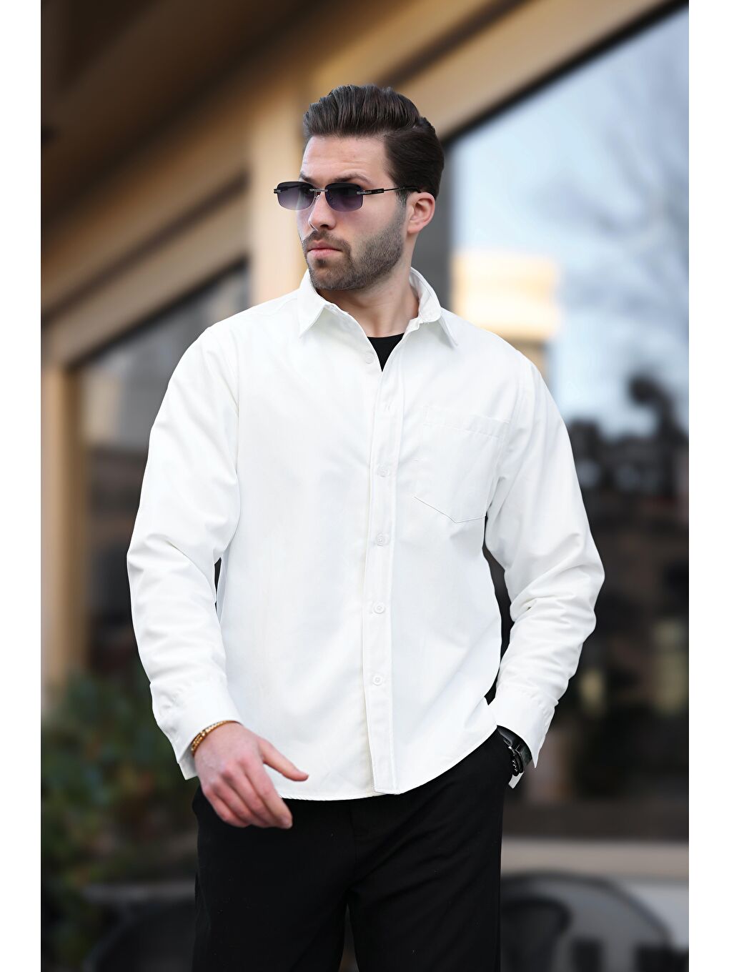 Beyaz İçi Polarlı Erkek Gömlek E6759-1