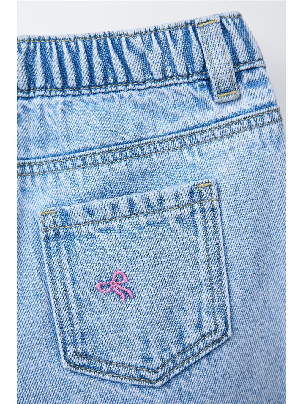 Kız Çocuk Pamuklu Açık Mavi Pembe Fiyonk Nakışlı Jean Pantolon-3