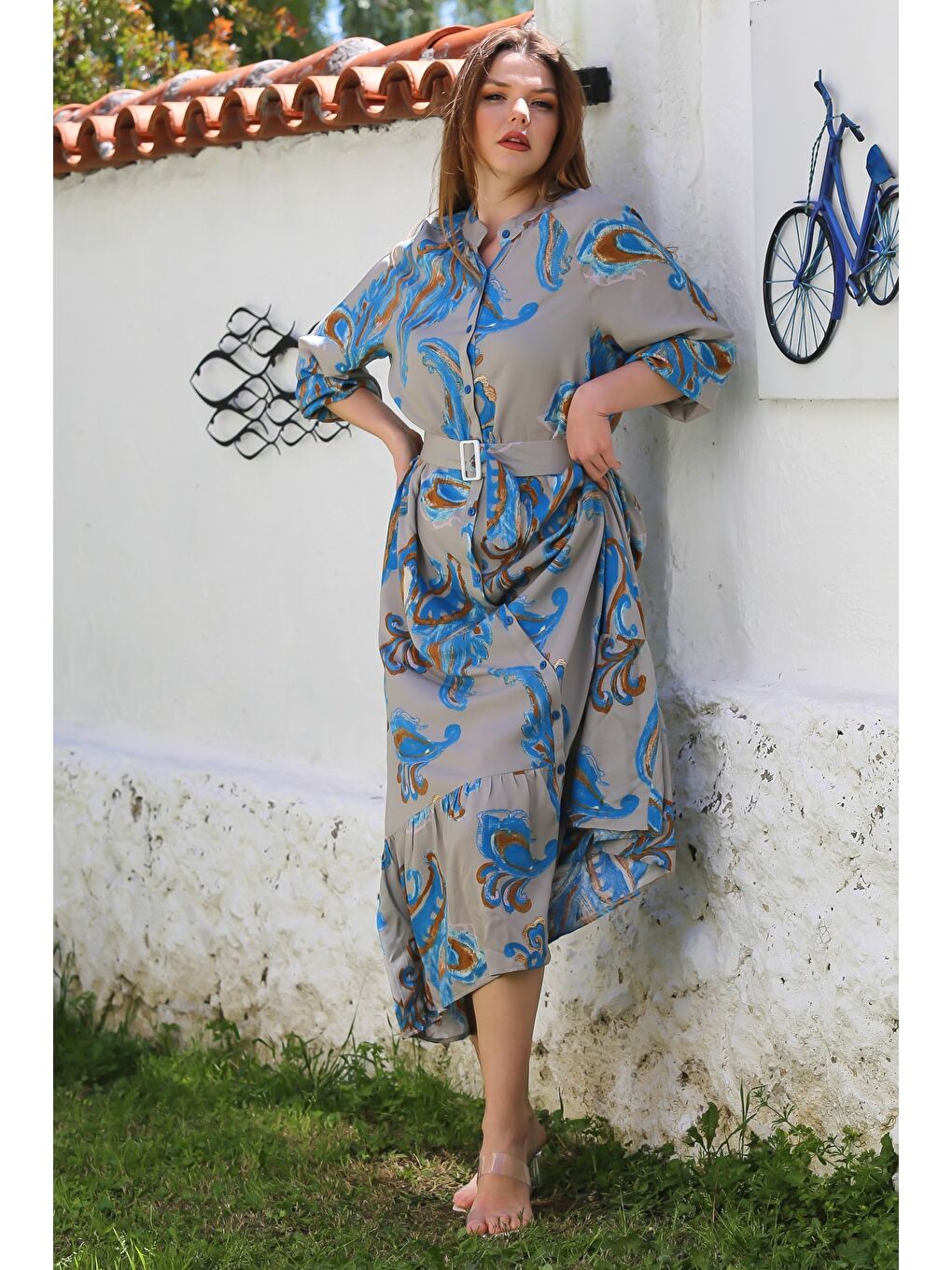 Bej-Mavi Hakim Yaka Balon Kol Şal Desenli Düğmeli Eteği Fırfırlı Kemerli Casual Dokuma Elbise 145 65-6