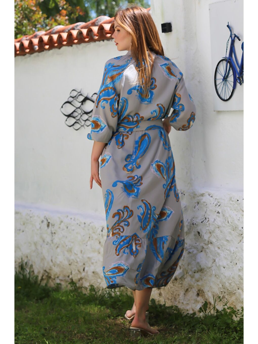 Bej-Mavi Hakim Yaka Balon Kol Şal Desenli Düğmeli Eteği Fırfırlı Kemerli Casual Dokuma Elbise 145 65-7