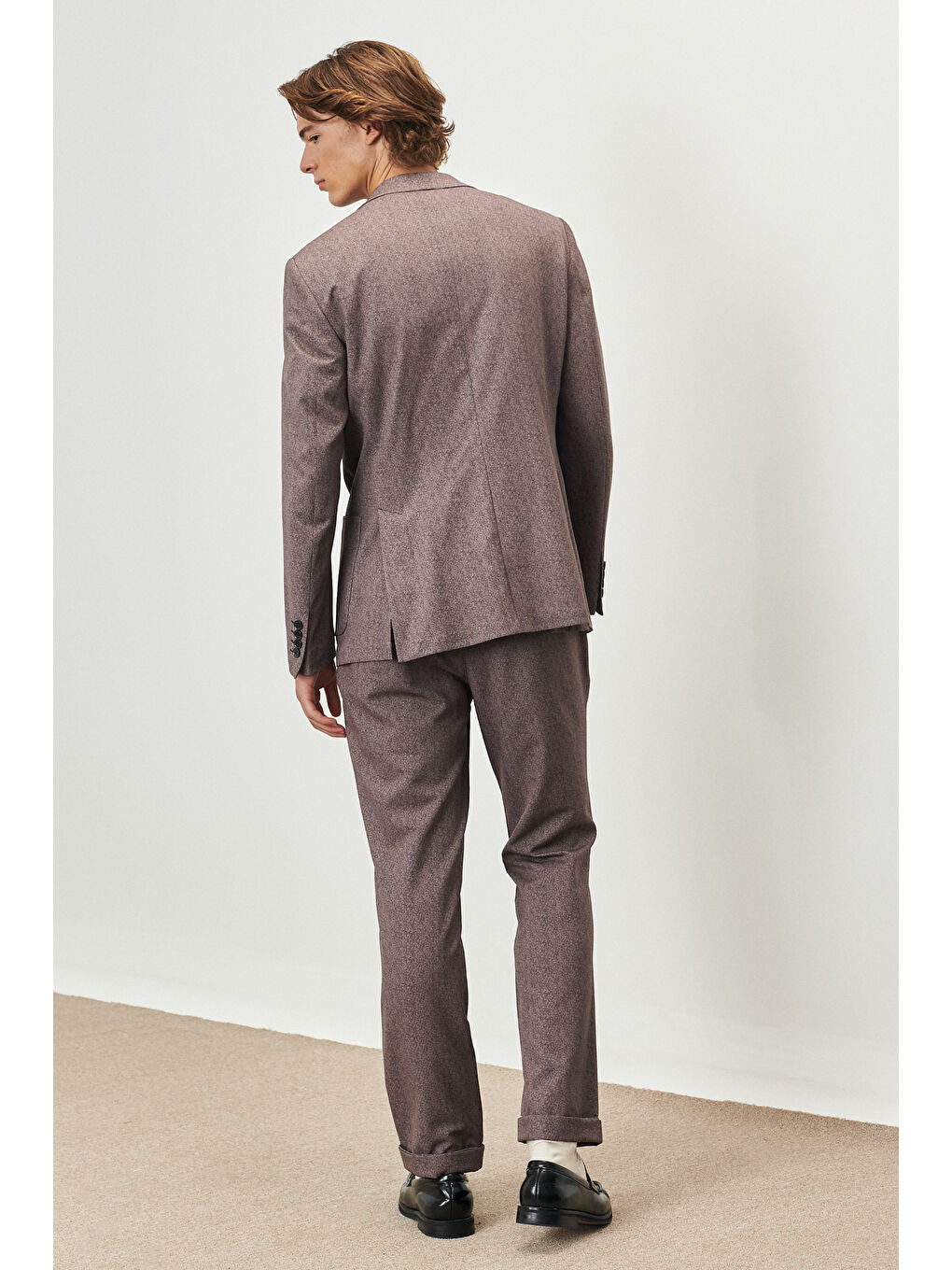 Kahverengi Erkek Kahve-Siyah Slim Fit Dar Kesim Mono Yaka Desenli Takım Elbise-5