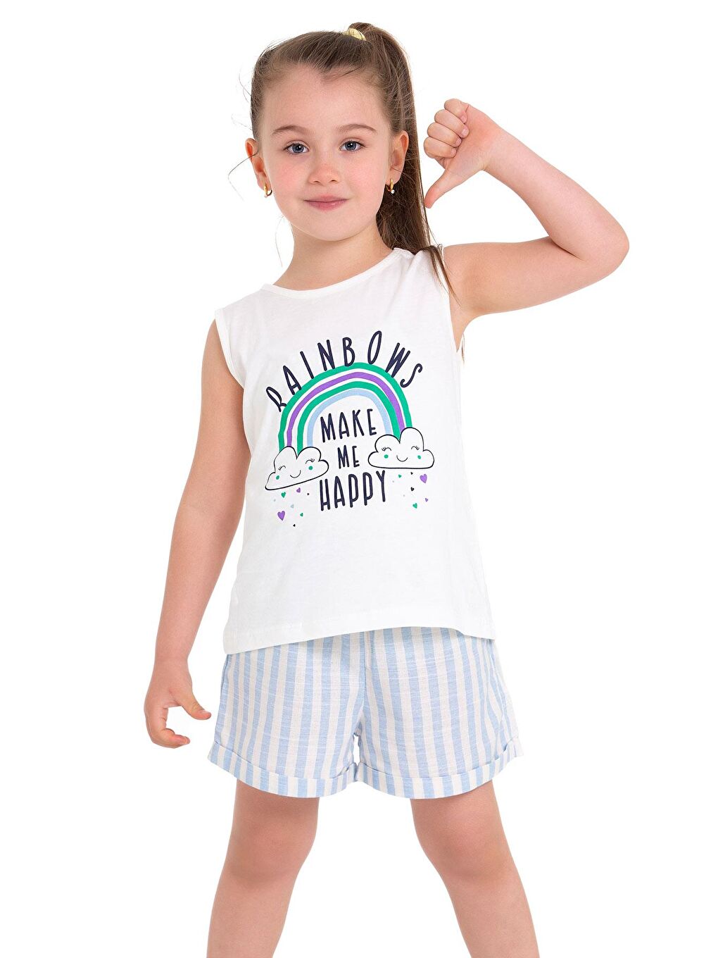 Sıfır Kol Baskılı Çizgili Ekru Mavi Renk Kız Çocuk Şortlu Takım