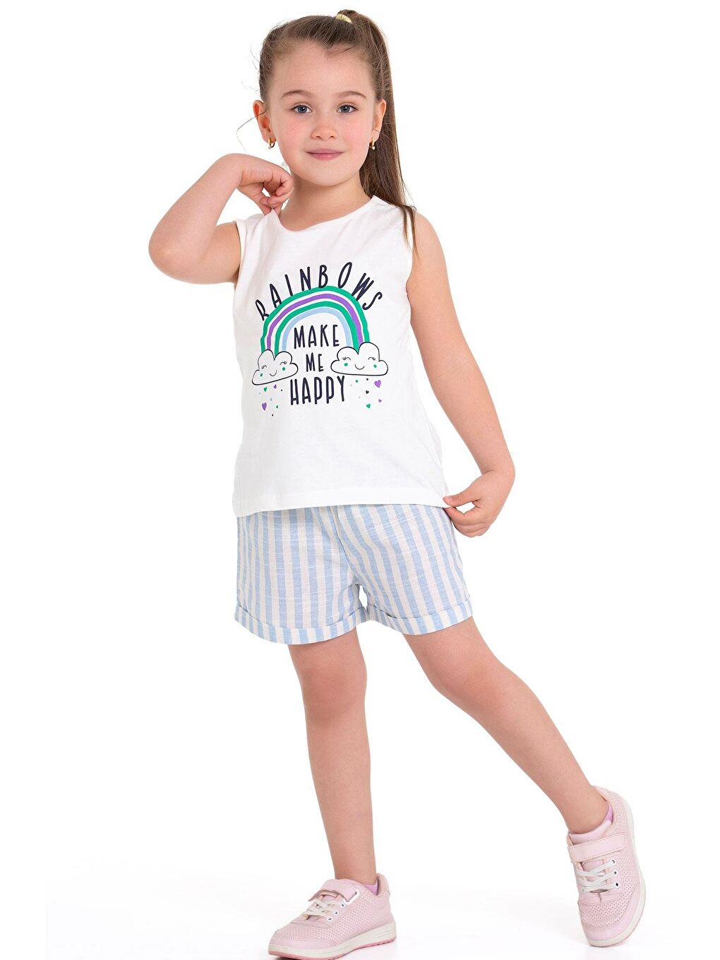 Sıfır Kol Baskılı Çizgili Ekru Mavi Renk Kız Çocuk Şortlu Takım-1