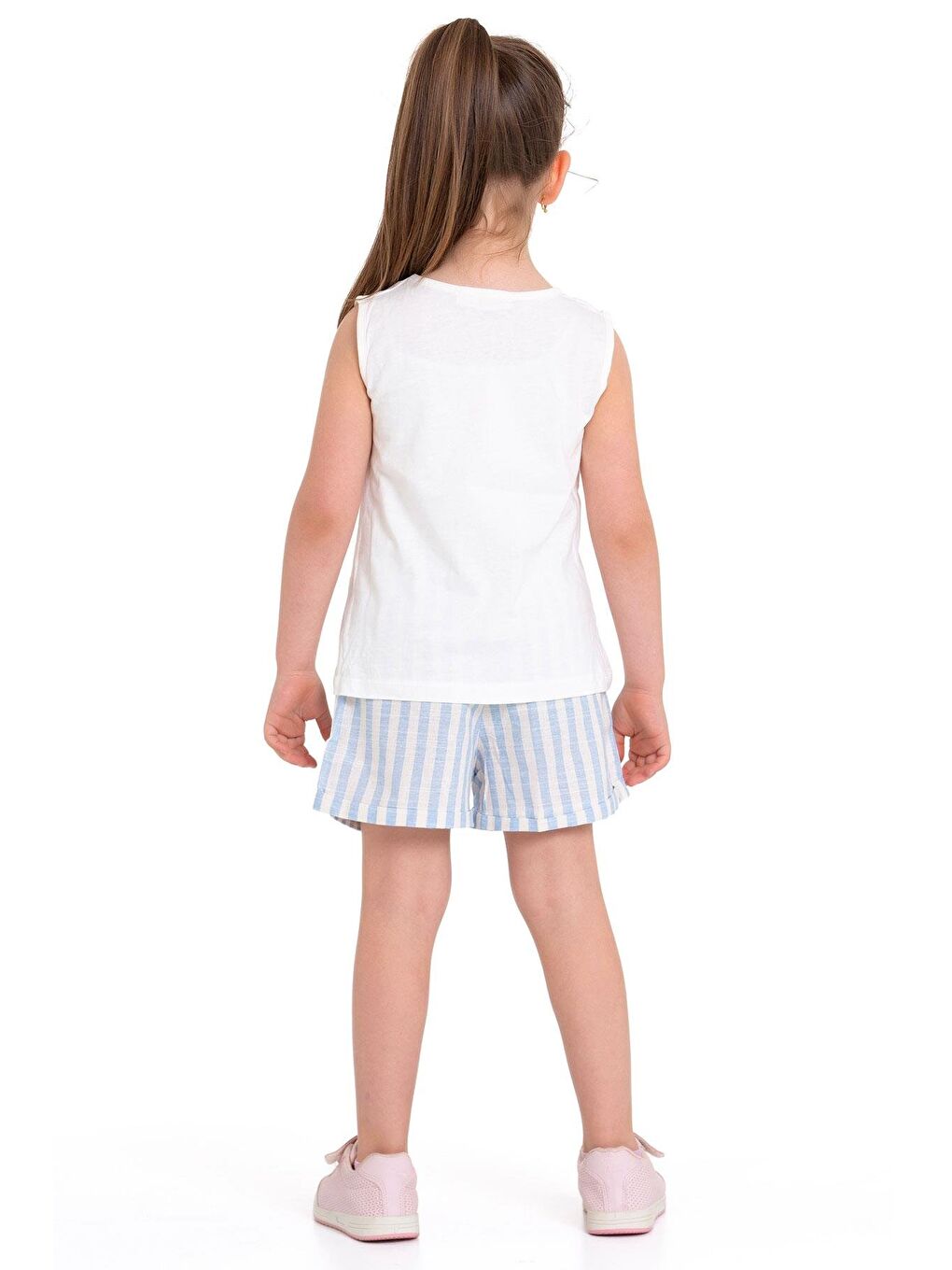 Sıfır Kol Baskılı Çizgili Ekru Mavi Renk Kız Çocuk Şortlu Takım-2