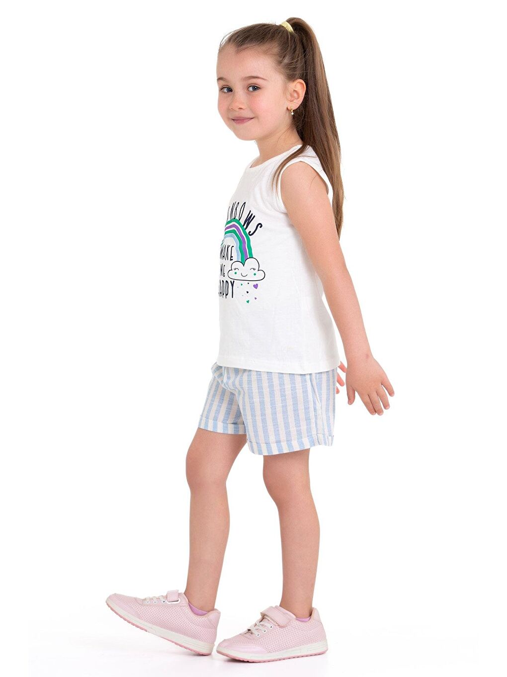 Sıfır Kol Baskılı Çizgili Ekru Mavi Renk Kız Çocuk Şortlu Takım-3