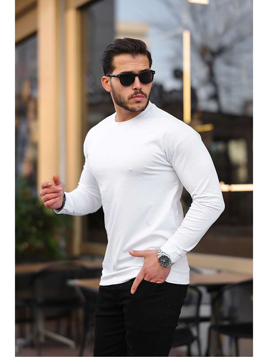 Beyaz Sıfır Yaka Oversize Sweatshirt-1