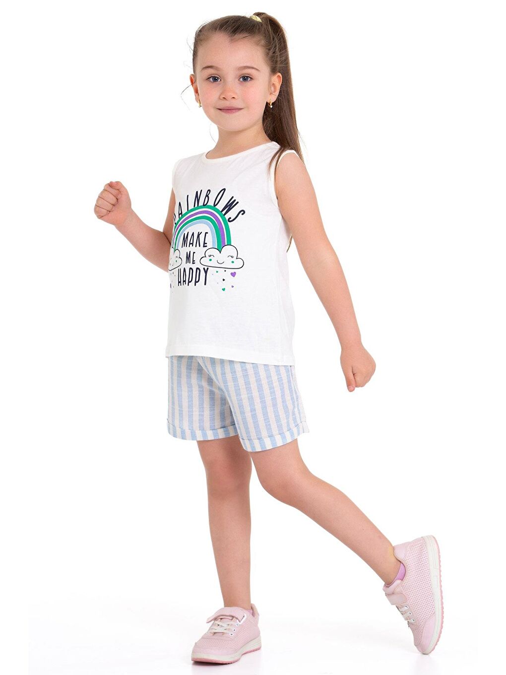 Sıfır Kol Baskılı Çizgili Ekru Mavi Renk Kız Çocuk Şortlu Takım-4