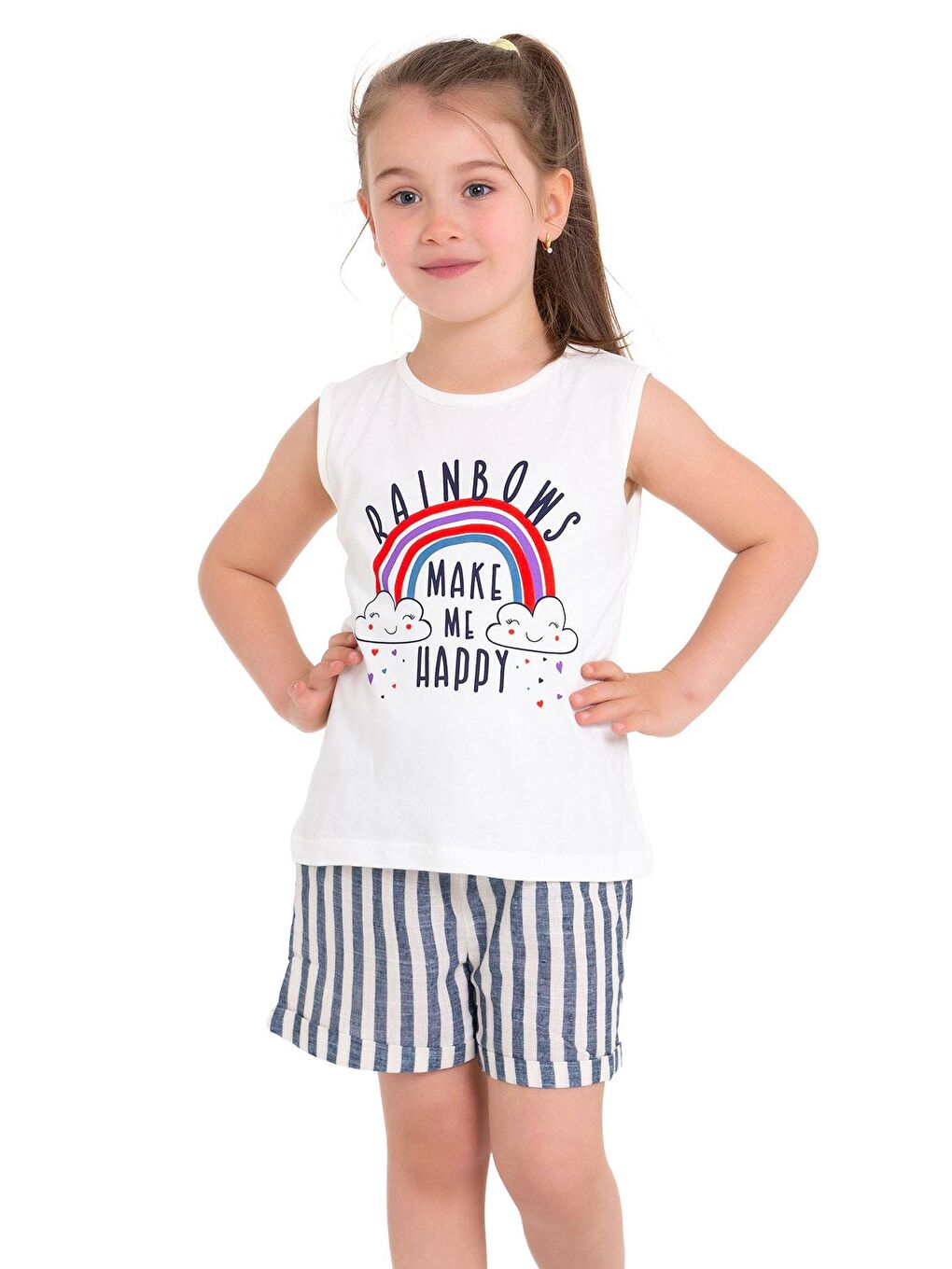 Sıfır Kol Baskılı Çizgili Ekru Lacivert Renk Kız Çocuk Şortlu Takım