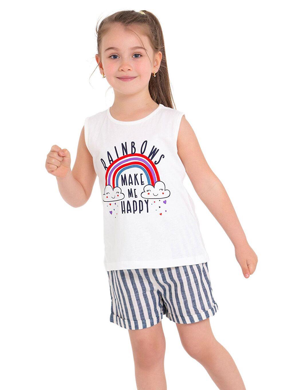 Sıfır Kol Baskılı Çizgili Ekru Lacivert Renk Kız Çocuk Şortlu Takım-1