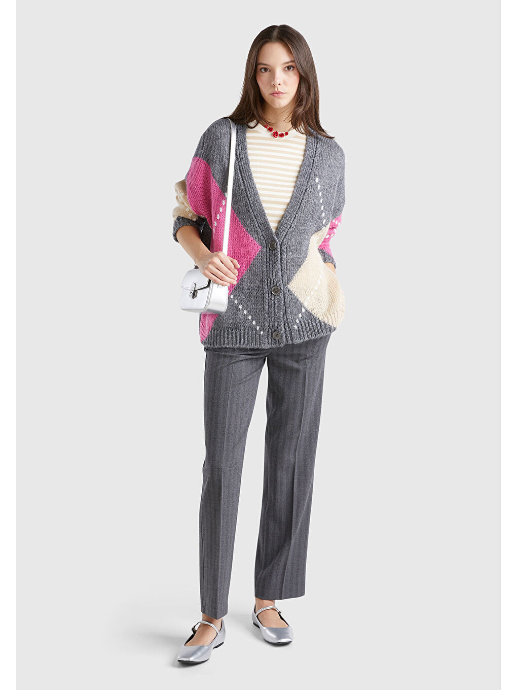 Kadın Gri Moher Karışımlı Renk Detaylı Düşük Omuz Rahat Kesim Hırka