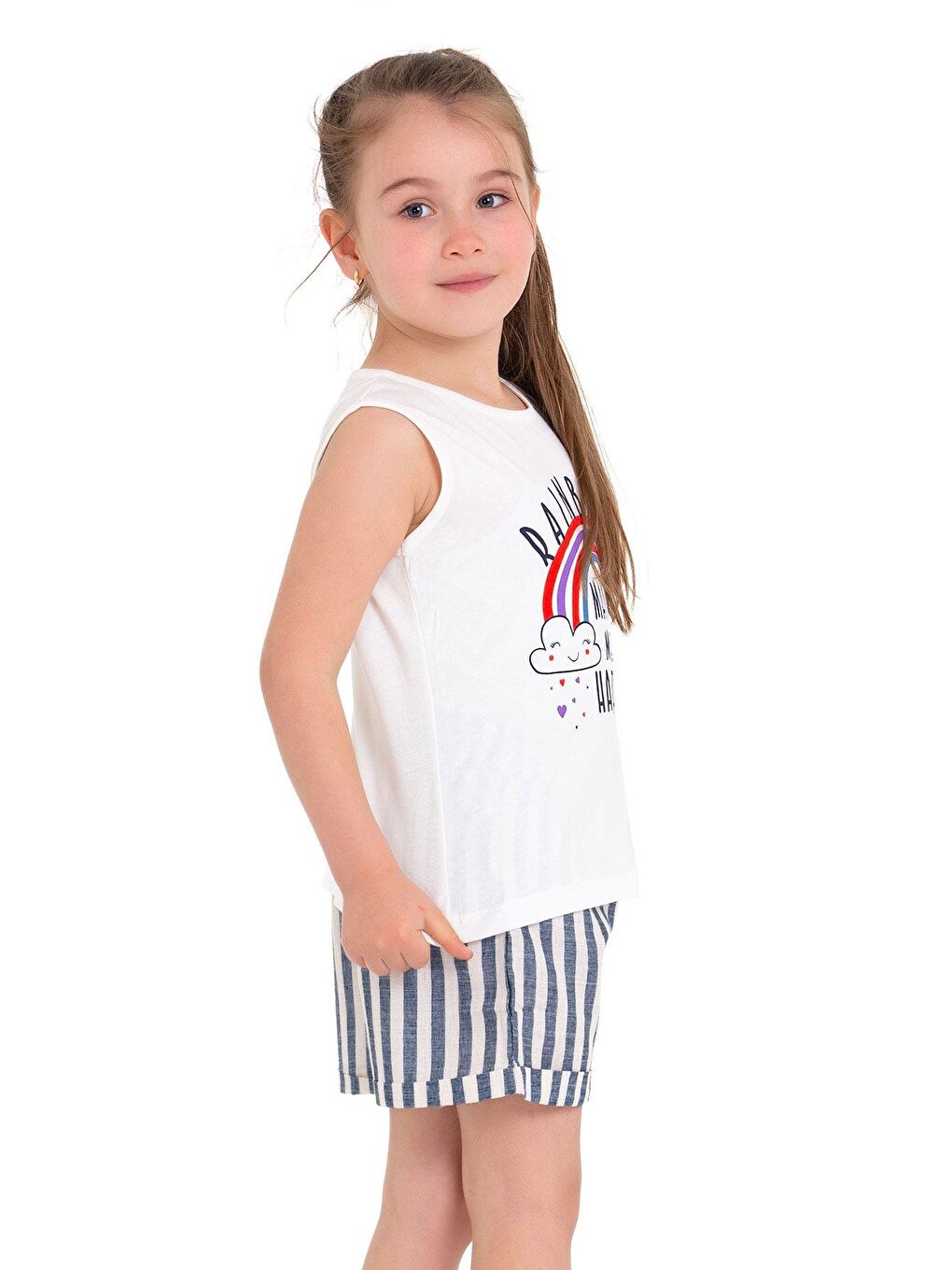 Sıfır Kol Baskılı Çizgili Ekru Lacivert Renk Kız Çocuk Şortlu Takım-3