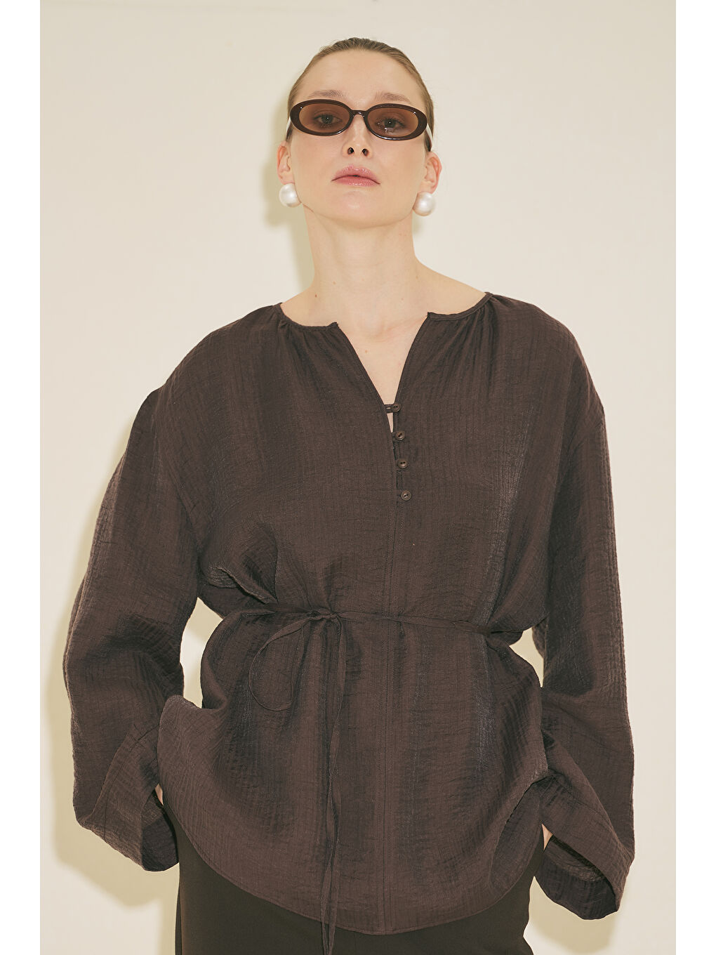 Dokulu Dökümlü Tunik Kahverengi-2