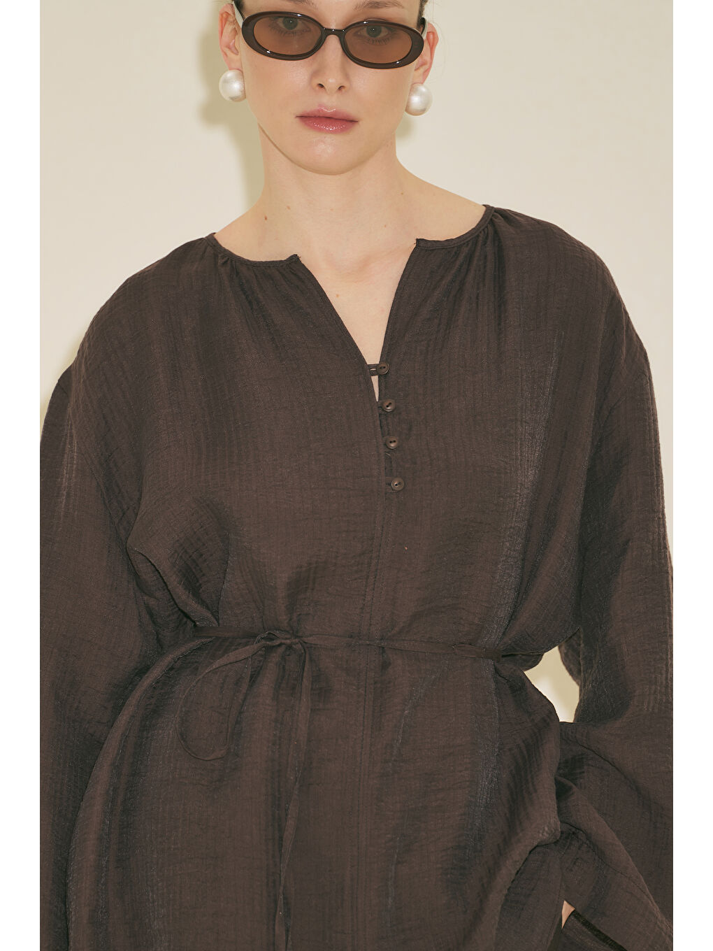 Dokulu Dökümlü Tunik Kahverengi-3