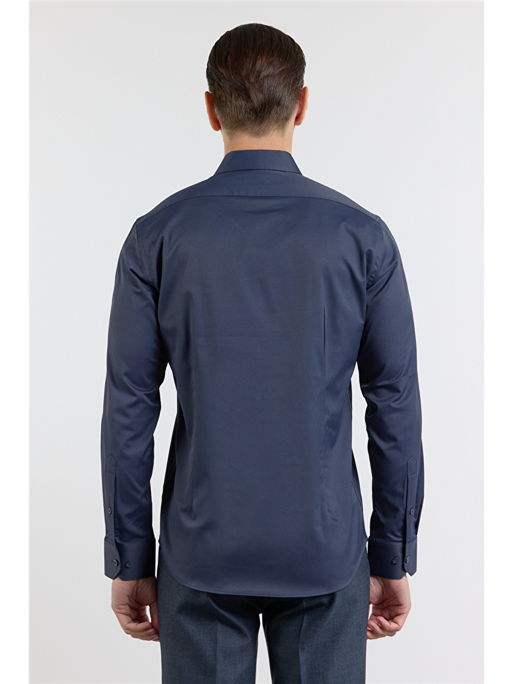 Koyu Lacivert Sert Yaka Uzun Kol Cepsiz Slim Fit Pamuklu Gömlek 1004255228-4