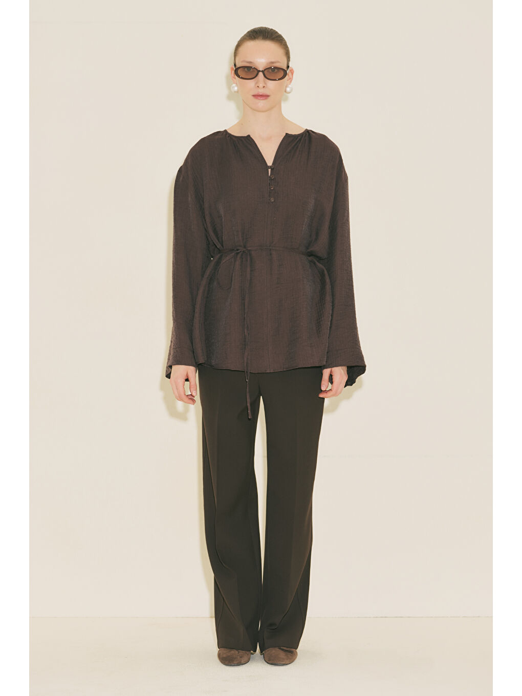 Dokulu Dökümlü Tunik Kahverengi-4