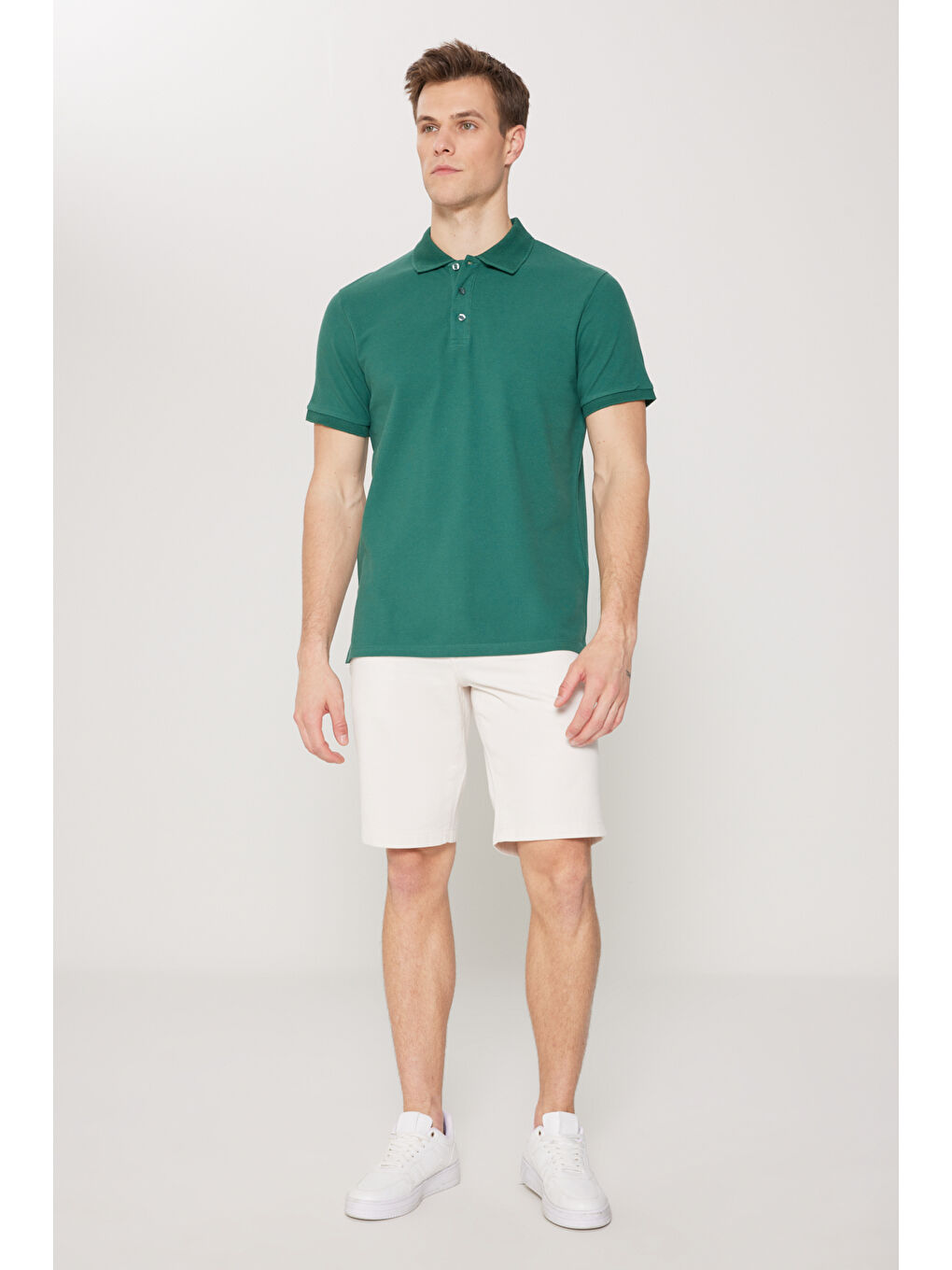 Erkek Koyu Yeşil Slim Fit Dar Kesim Polo Yaka %100 Pamuk Kısa Kollu Tişört-1