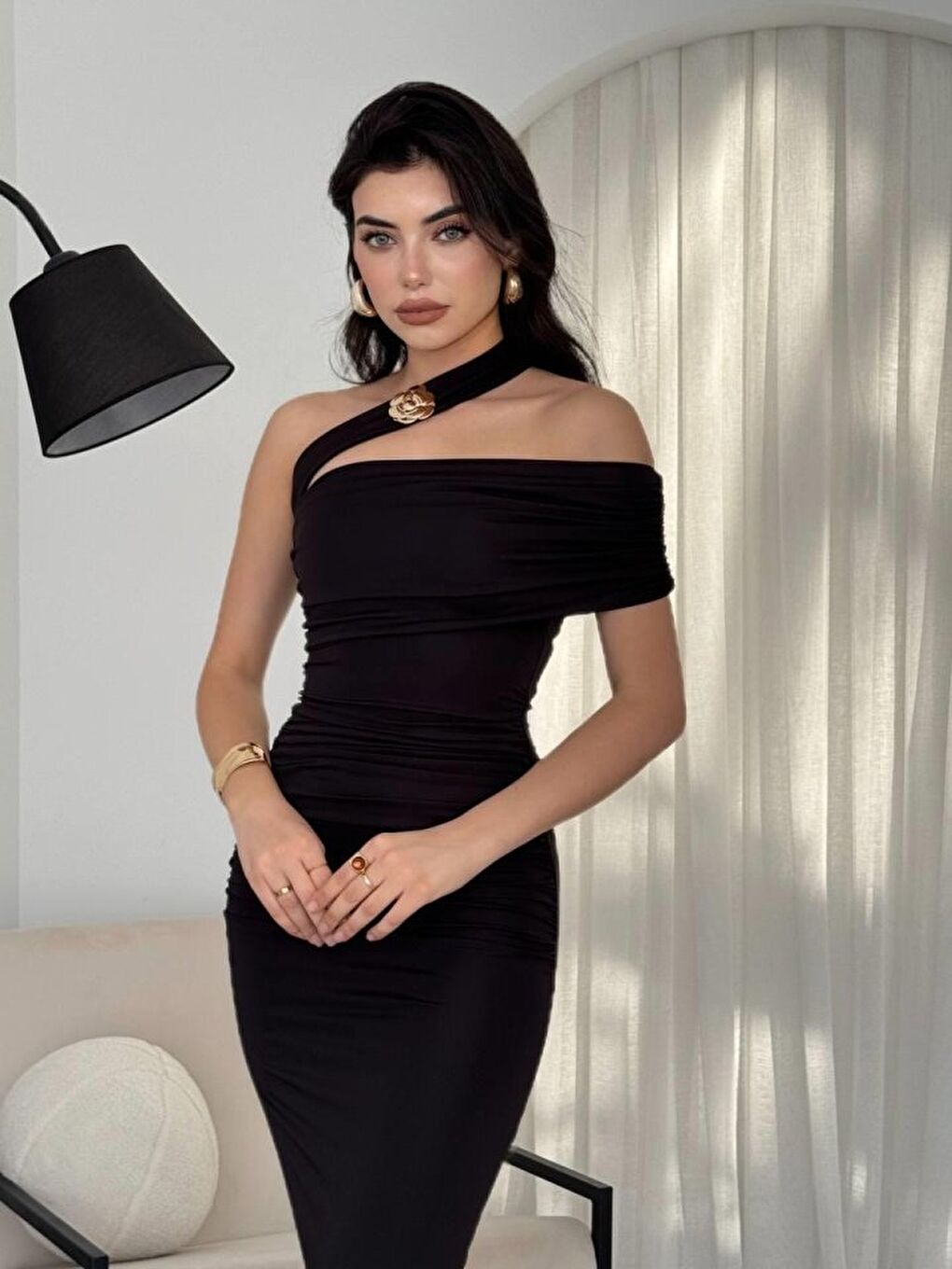 Siyah Reta Çapraz Omuz Elbise-3