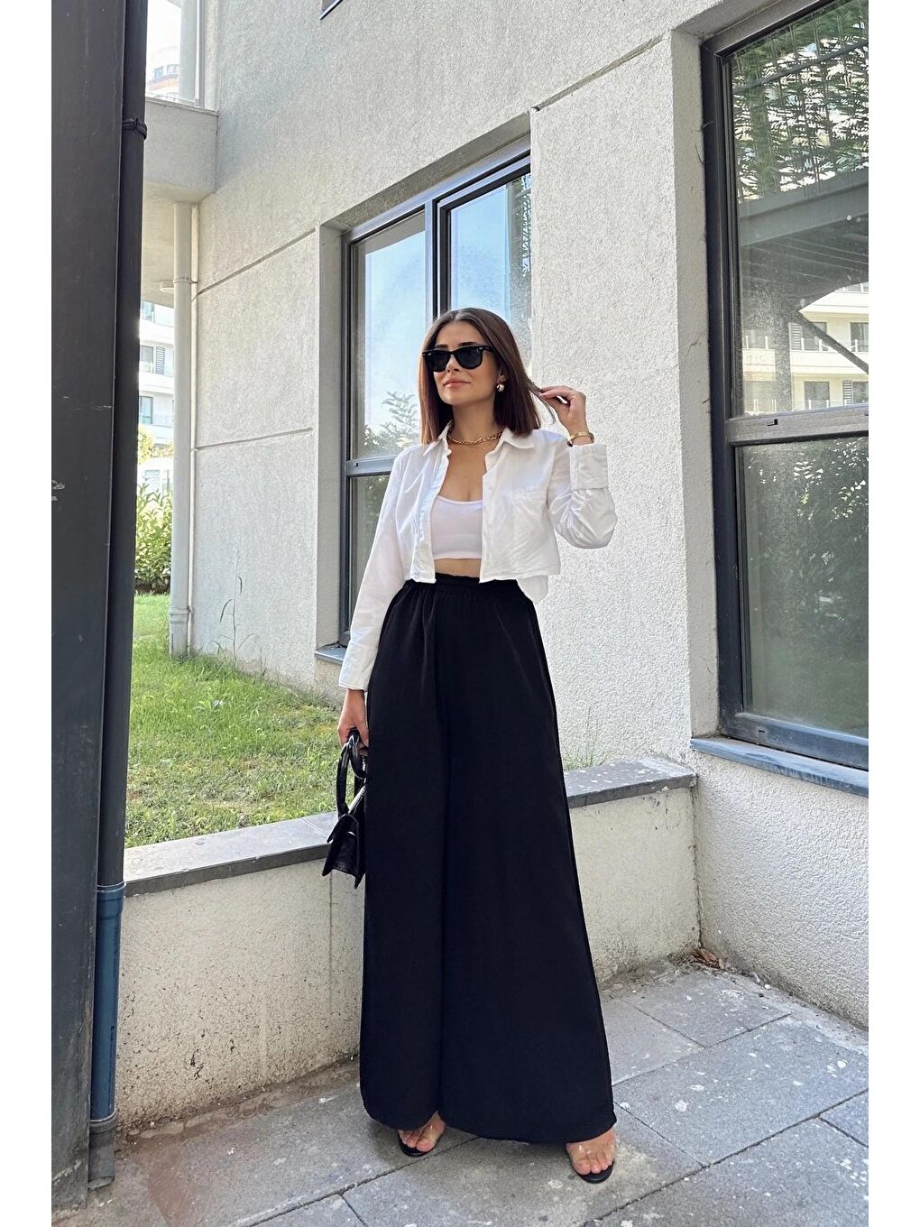 Siyah Beli Lastikli İspanyol Bol Paça Pantolon-1