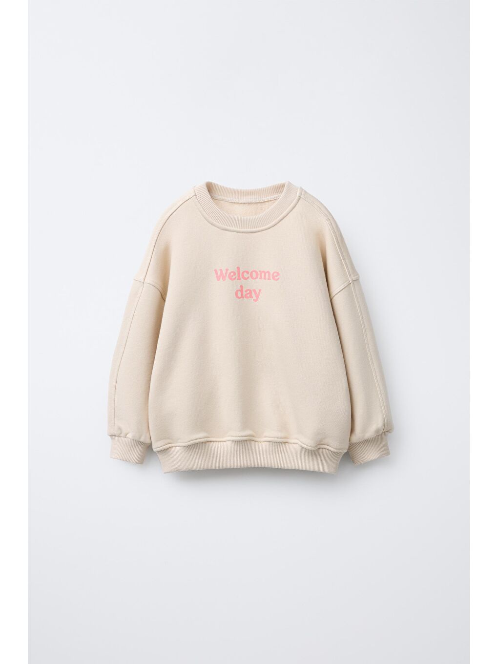 Ekru Kız Çocuk Pamuklu Krem Welcome Day Sweatshirt Ve Fırfır Paça Pantolon Takım - Rahat Günlük Stil-1