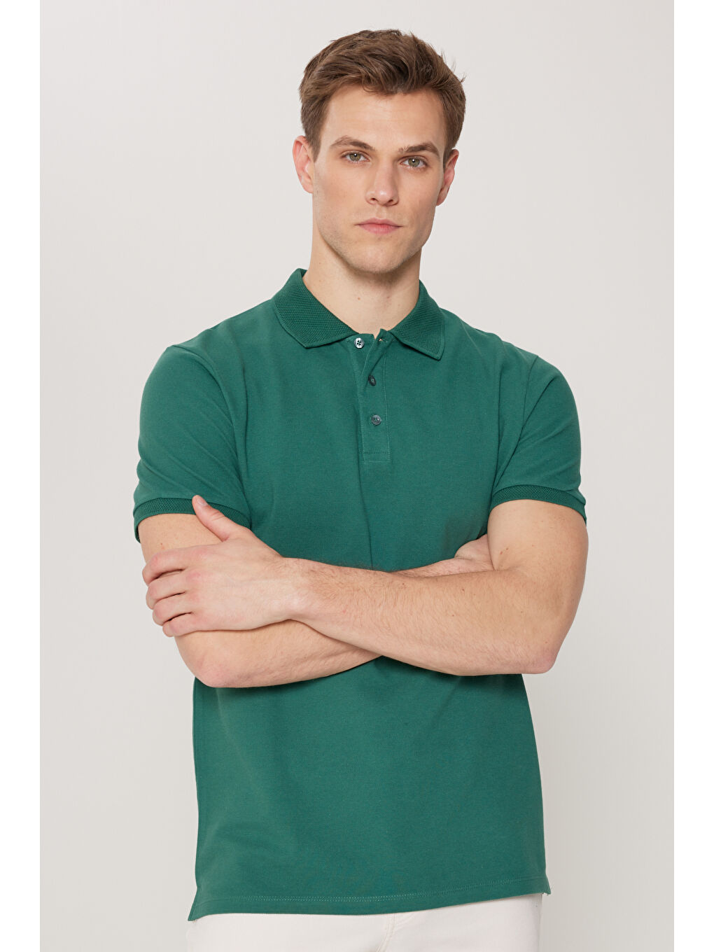 Erkek Koyu Yeşil Slim Fit Dar Kesim Polo Yaka %100 Pamuk Kısa Kollu Tişört-2